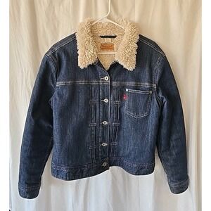 Levi's Sherpa Lined Denim Trucker Jacket Coat Button-Up‎ Dark Wash Womens